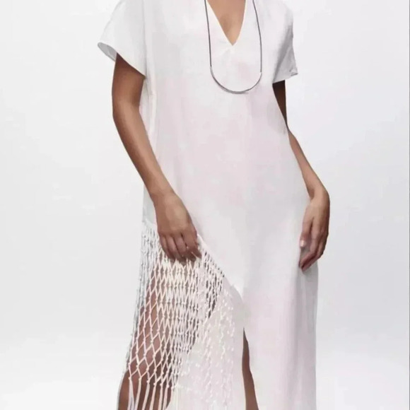 Zara Womens Bloggers Fave Linen Macrame Fringed Midi Dress White Size Medium - Picture 2 of 16
